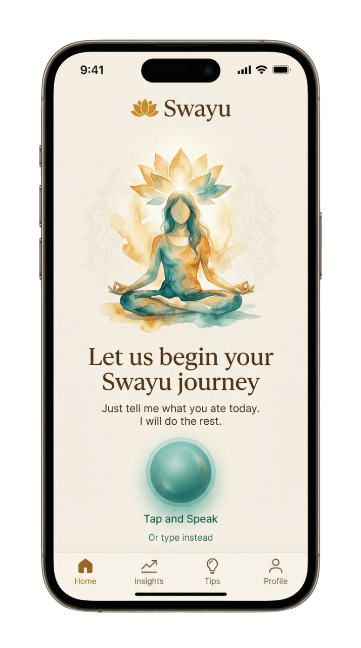 Swayu voice-first health companion app showing a conversational meal tracking interface with Indian food